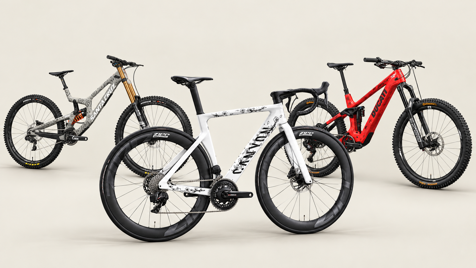 Open full-size design preview: silver downhill, white road and red electric mountain bikes, each with its matching frame graphics