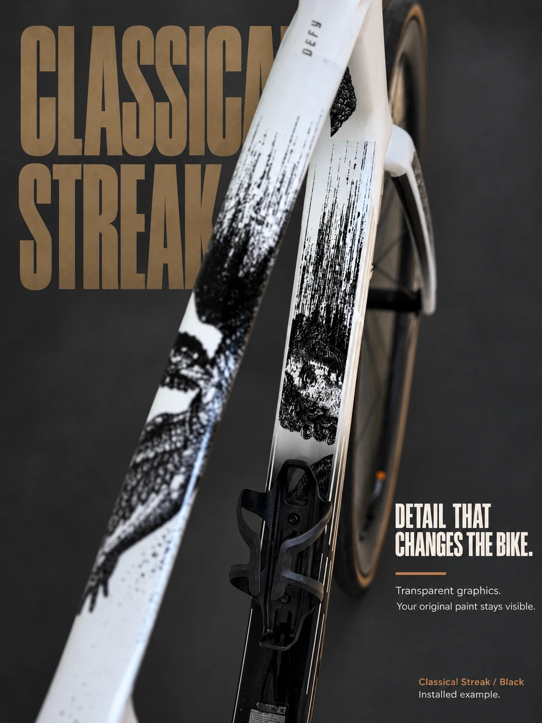 Real installation: Classical Streak in black on a white road-bike frame. Original paint remains visible.