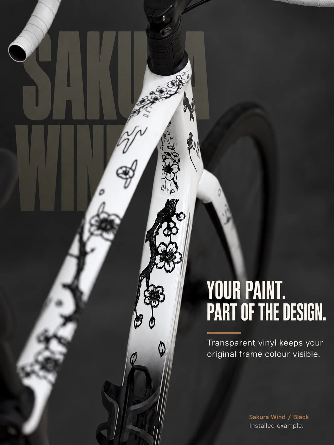 Real installation: Sakura Wind in black on a white road-bike frame. Original paint remains visible.